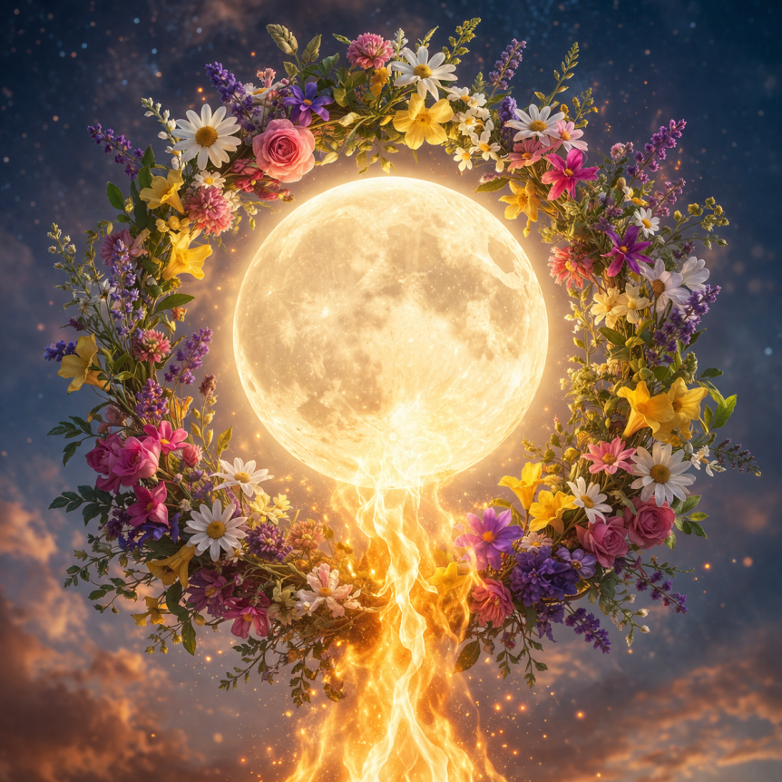 full Moon with flower ring around it and fire under it